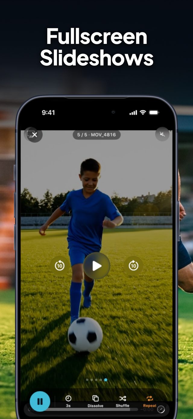Video playing in a slideshow with playback controls